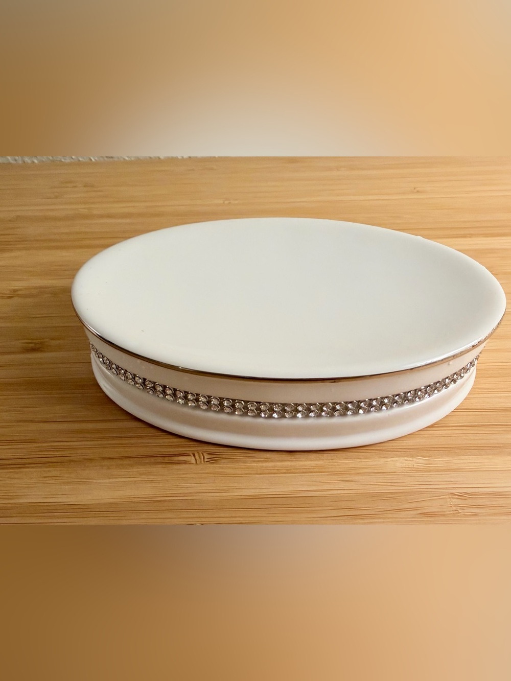 Brand New - White Ceramic Rhinestone Jewelry Dish Soap Holder Glam Vanity Decor